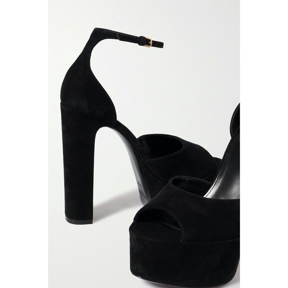 Saint Laurent Jodie Black Suede Platform Ankle Strap Sandal Block Heel Pump 42 - Picture 5 of 12